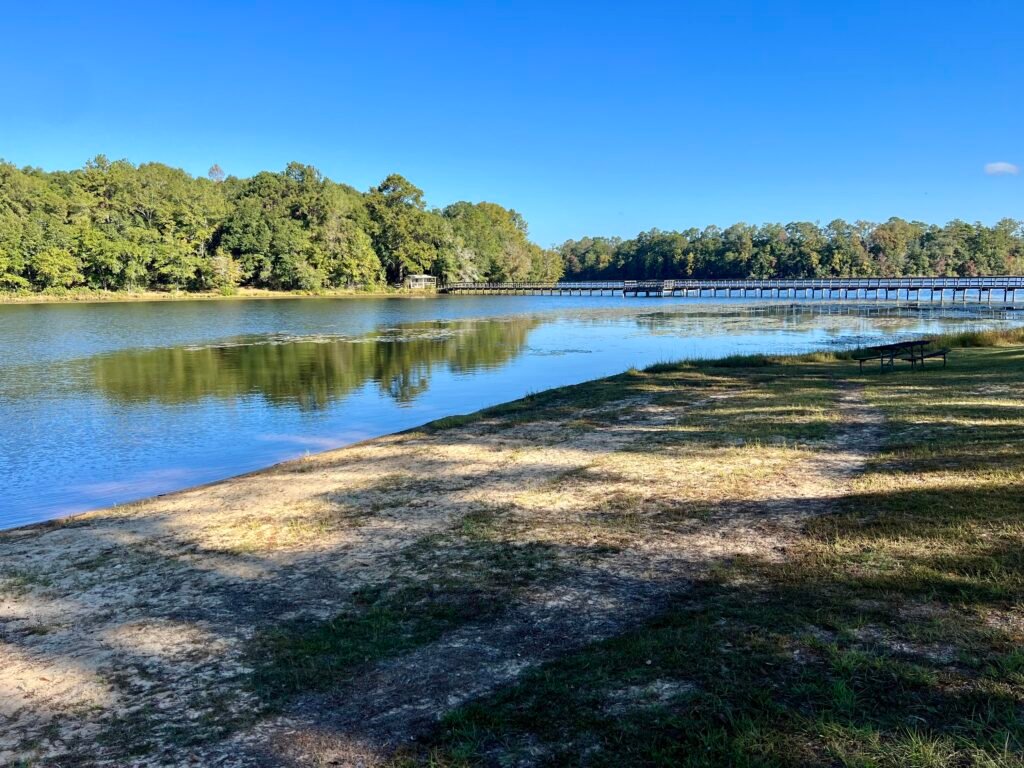 Calm lake at Frank Jackson State Park in Opp, Alabama, with trees and a long boardwalk reflected in the water.