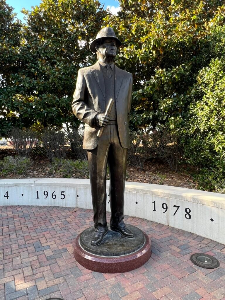 Statue of Coach Paul “Bear” Bryant outside Bryant-Denny Stadium at the University of Alabama.