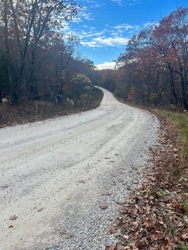 Gravel dirt road leading to Taum Sauk Mountain State Park trailhead surrounded by late fall trees in Missouri.