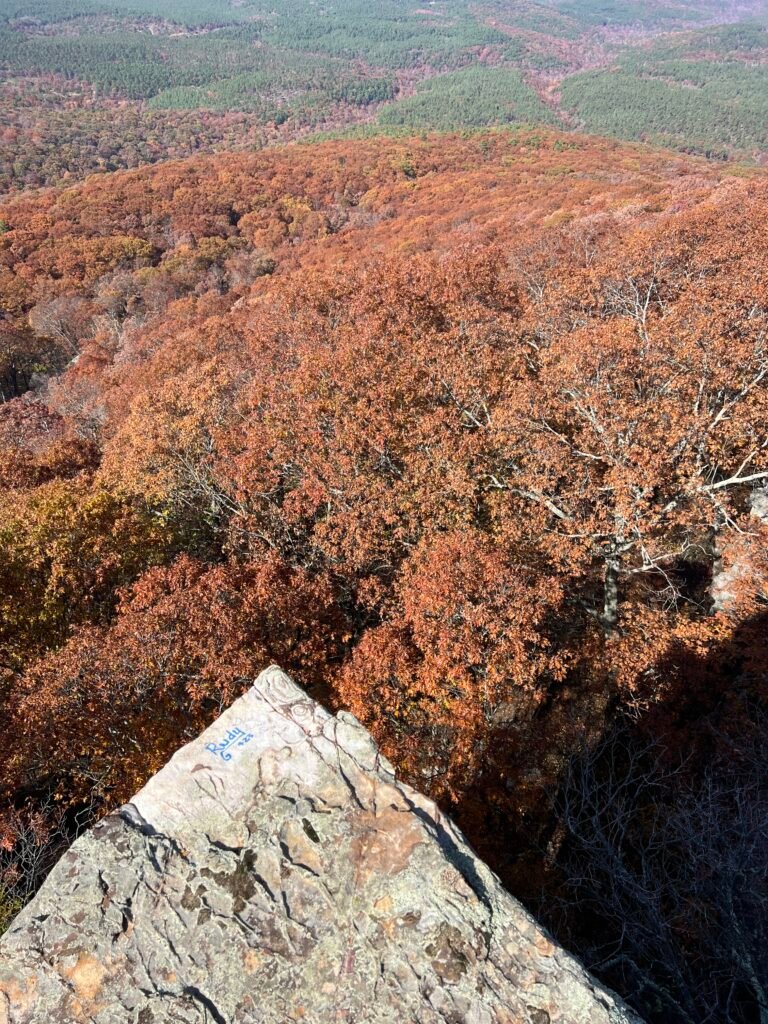 View from Mount Magazine cliff overlooking fall forest and distant Arkansas River Valley under a wide blue sky