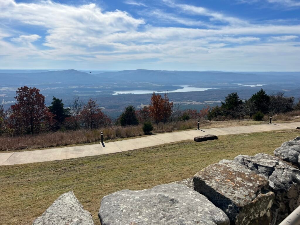 Sweeping view of the Petit Jean River Valley and distant mountains from the lodge terrace.