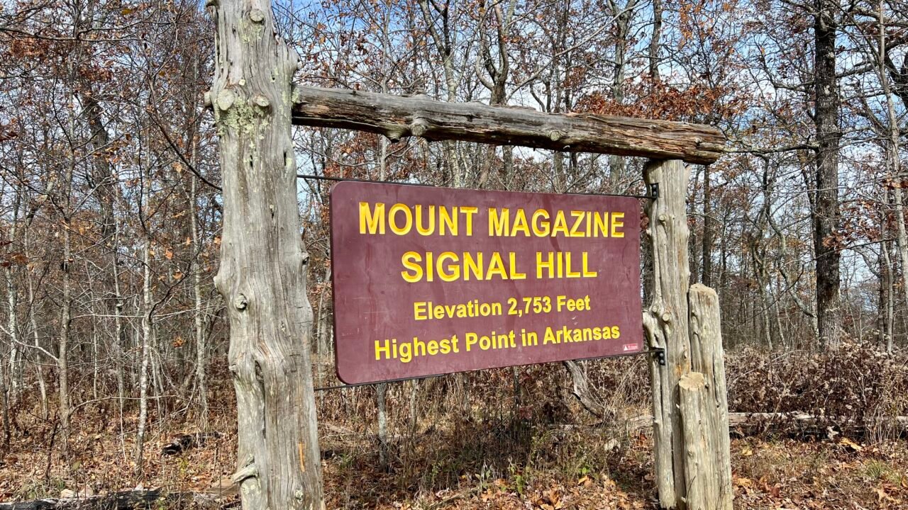 Wooden sign at Mount Magazine Signal Hill marking elevation 2,753 feet, the highest point in Arkansas.