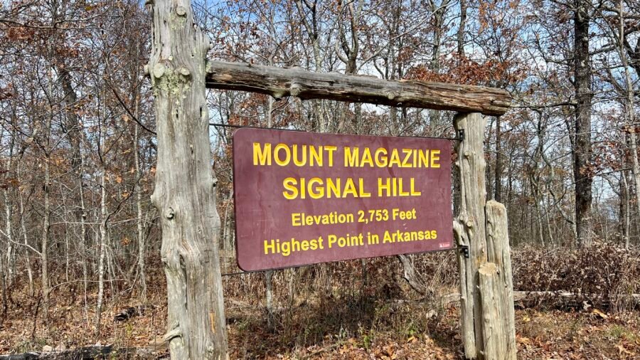 Wooden sign at Mount Magazine Signal Hill marking elevation 2,753 feet, the highest point in Arkansas.