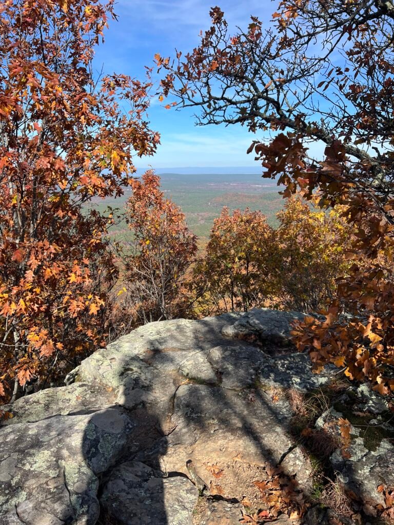 Autumn view from “Hollywood” Point with rocky ledge in foreground and colorful Ozark forest stretching to the horizon.