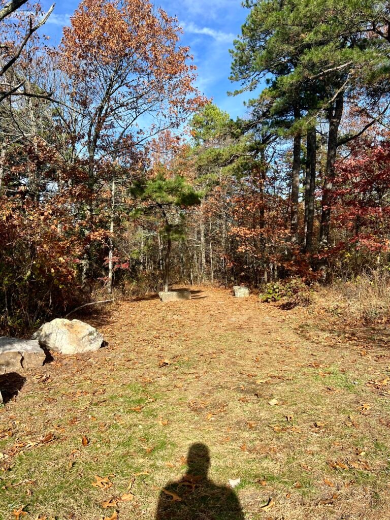 Grassy trail entrance at Benefield Picnic Area surrounded by fall foliage and scattered boulders at Mount Magazine State Park.