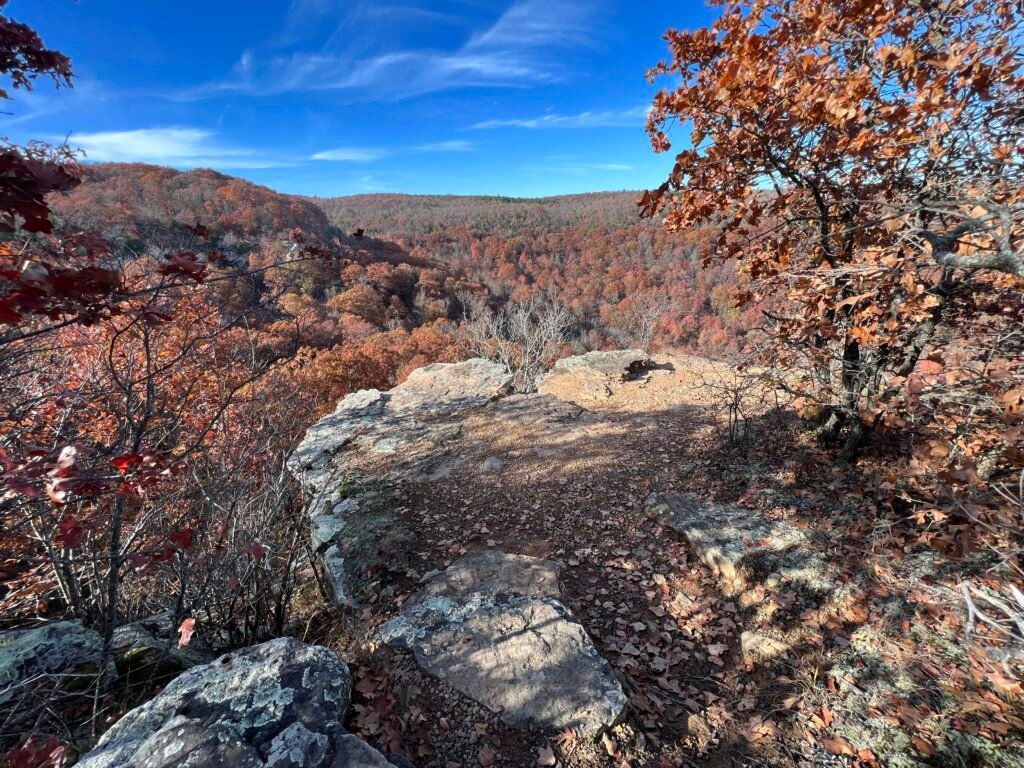 Rocky overlook at Inspiration Point with fall foliage and sweeping valley views at Mount Magazine State Park.