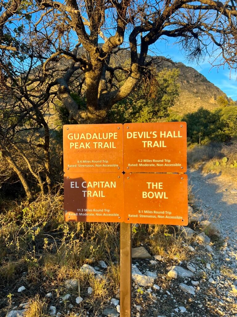 Trailhead sign at Pine Springs showing Guadalupe Peak Trail, Devil’s Hall, El Capitan, and The Bowl in Texas.