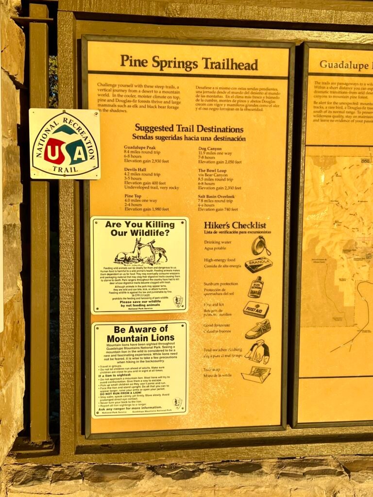 Pine Springs Trailhead information board with hiking distances, wildlife warnings, and hiker checklist.