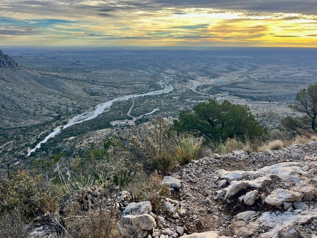 Looking down at the Pine Springs parking lot and US-62 from the Guadalupe Peak switchbacks.