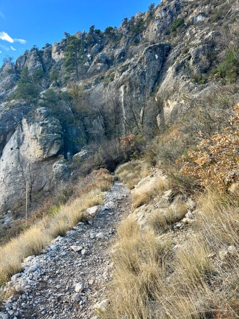 Rocky switchback section of the Guadalupe Peak Trail climbing steeply along limestone cliffs in Guadalupe Mountains National Park.