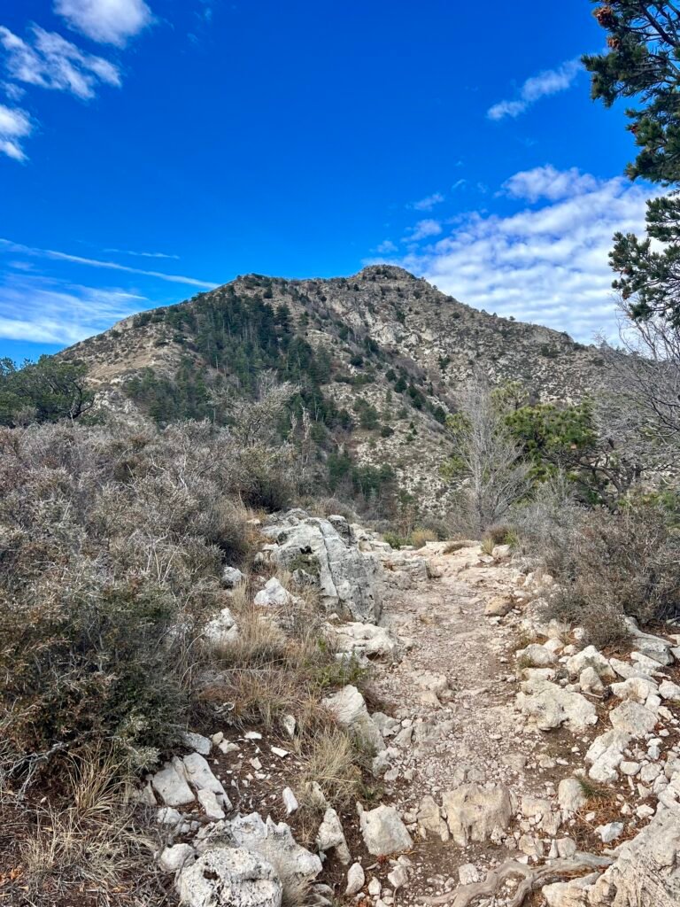 Rocky trail leading upward toward Guadalupe Peak with desert brush and blue sky overhead.