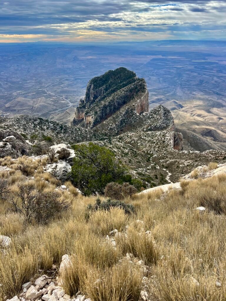 El Capitan viewed from the summit of Guadalupe Peak with desert landscape stretching into the distance
