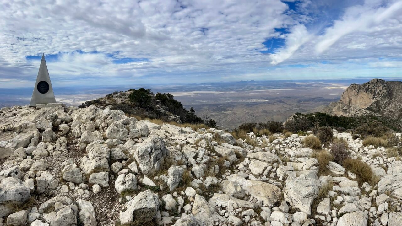 Stainless steel summit monument atop Guadalupe Peak overlooking the Chihuahuan Desert and El Capitan in Texas.