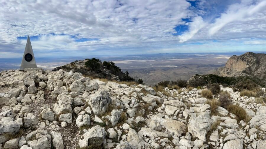 Stainless steel summit monument atop Guadalupe Peak overlooking the Chihuahuan Desert and El Capitan in Texas.