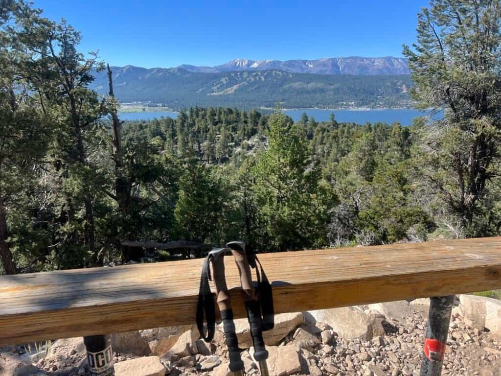 Bench overlooking Big Bear Lake and surrounding mountains along Cougar Crest Trail