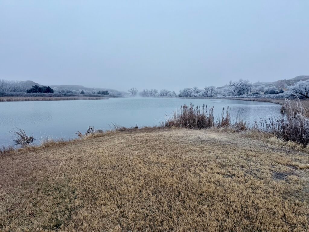 Winter view of Lake Scott with frost-covered trees and calm water in western Kansas.