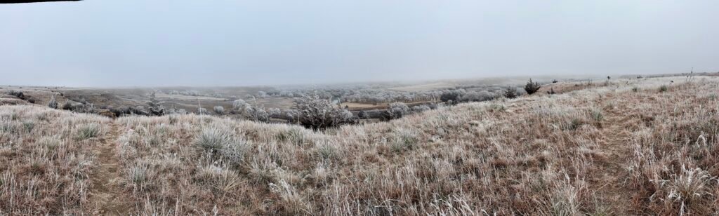 Panoramic winter view from a bluff overlooking Lake Scott and frosted prairie in western Kansas.
