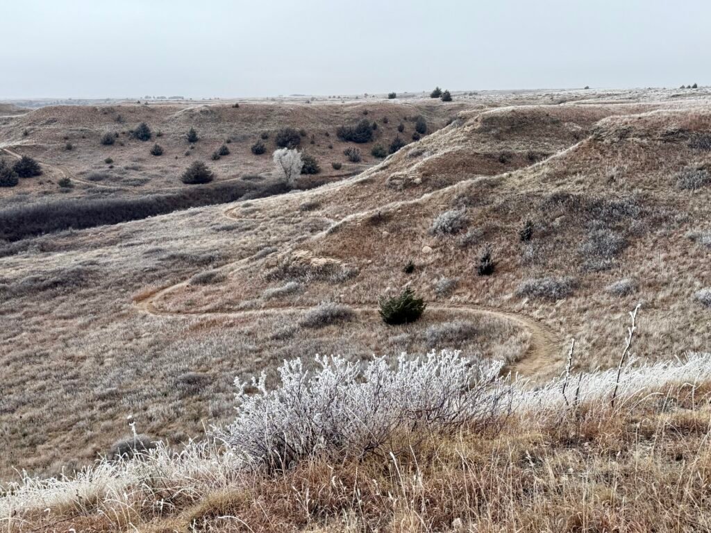 Winding dirt trail cutting through frost-covered prairie hills at Historic Lake Scott.