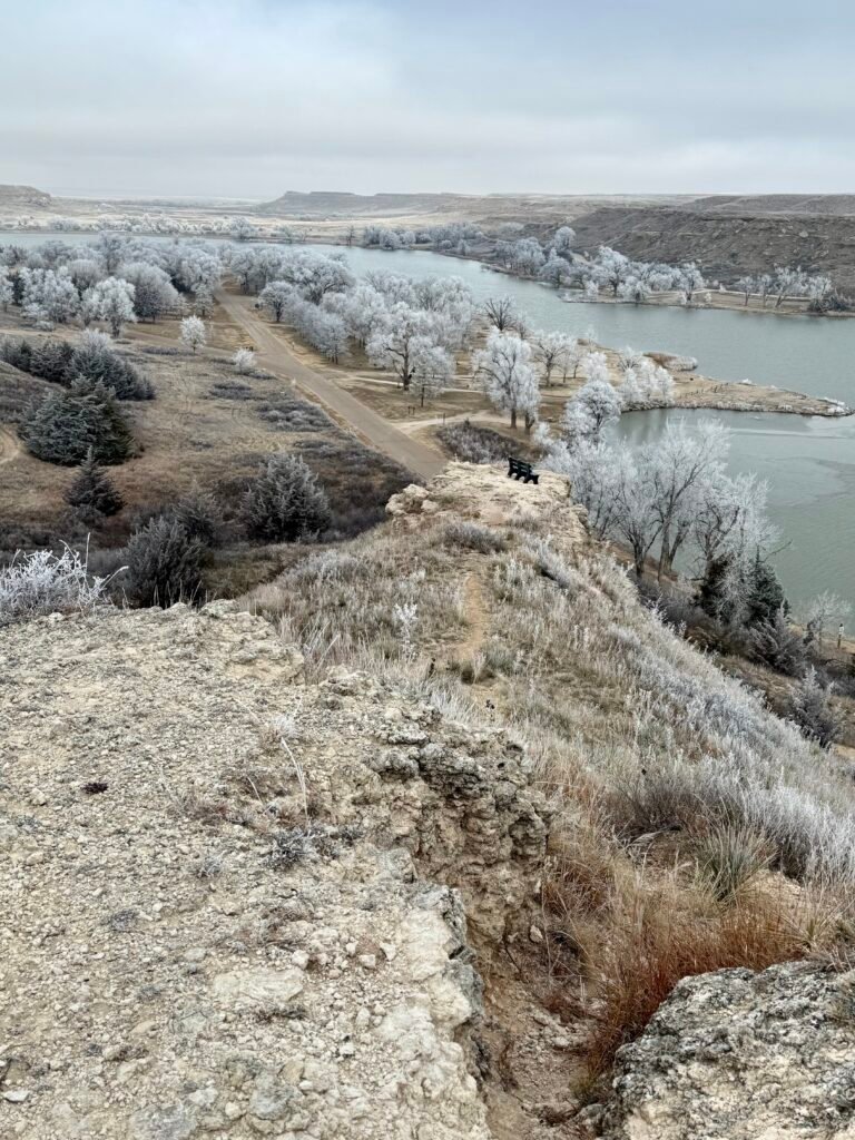View from Buzzard’s Point overlooking Lake Scott with a bench perched on the rocky bluff and frost-covered trees below.