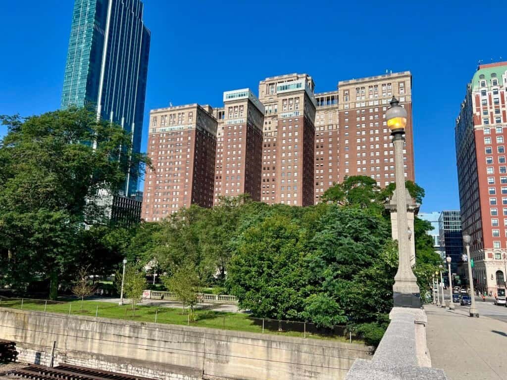 The Chicago Hilton and Towers overlooking Grant Park on a clear summer day
