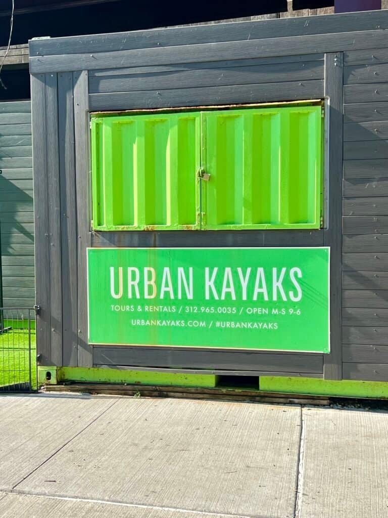 Urban Kayaks sign and launch area along the Chicago Riverwalk