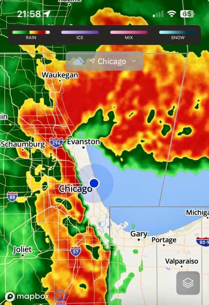 Radar image showing a severe thunderstorm system moving through Chicago and surrounding suburbs