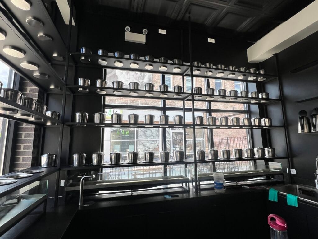 Proprietary Vietnamese coffee brewing system with rows of metal phins inside Fat Miilk Chicago