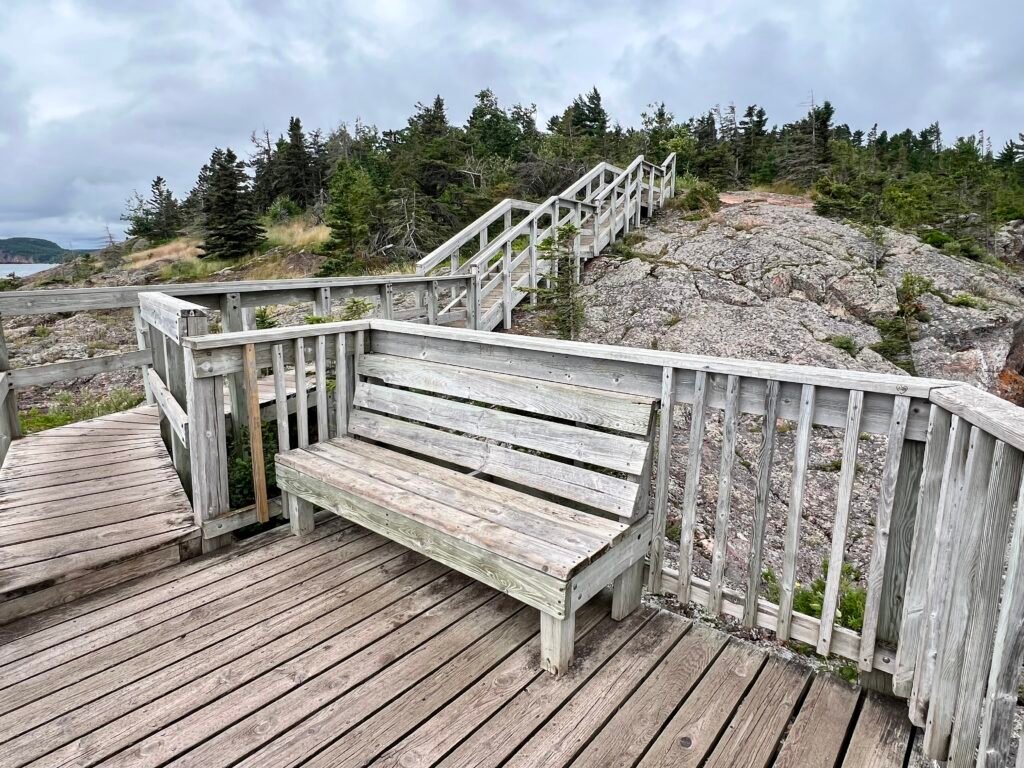 Wooden observation deck and stairs at the end of Shovel Point in Tettegouche State Park.