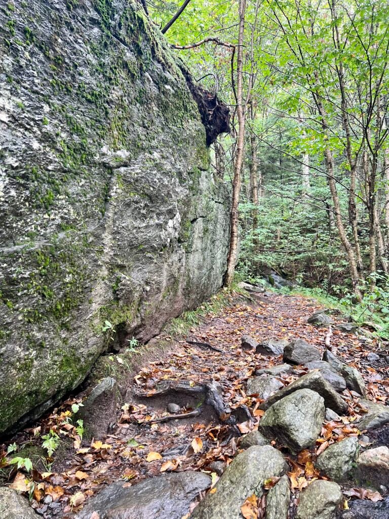 Large moss-covered boulder along the rocky Sunset Ridge Trail on Mount Mansfield.