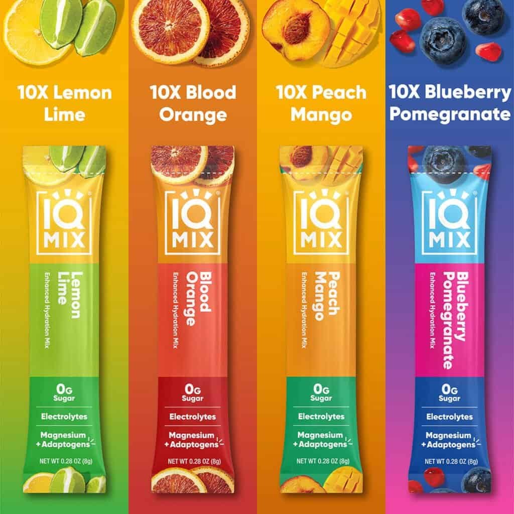 Alt Text: IQMIX hydration mix variety pack featuring Lemon Lime, Blood Orange, Peach Mango, and Blueberry Pomegranate flavors.