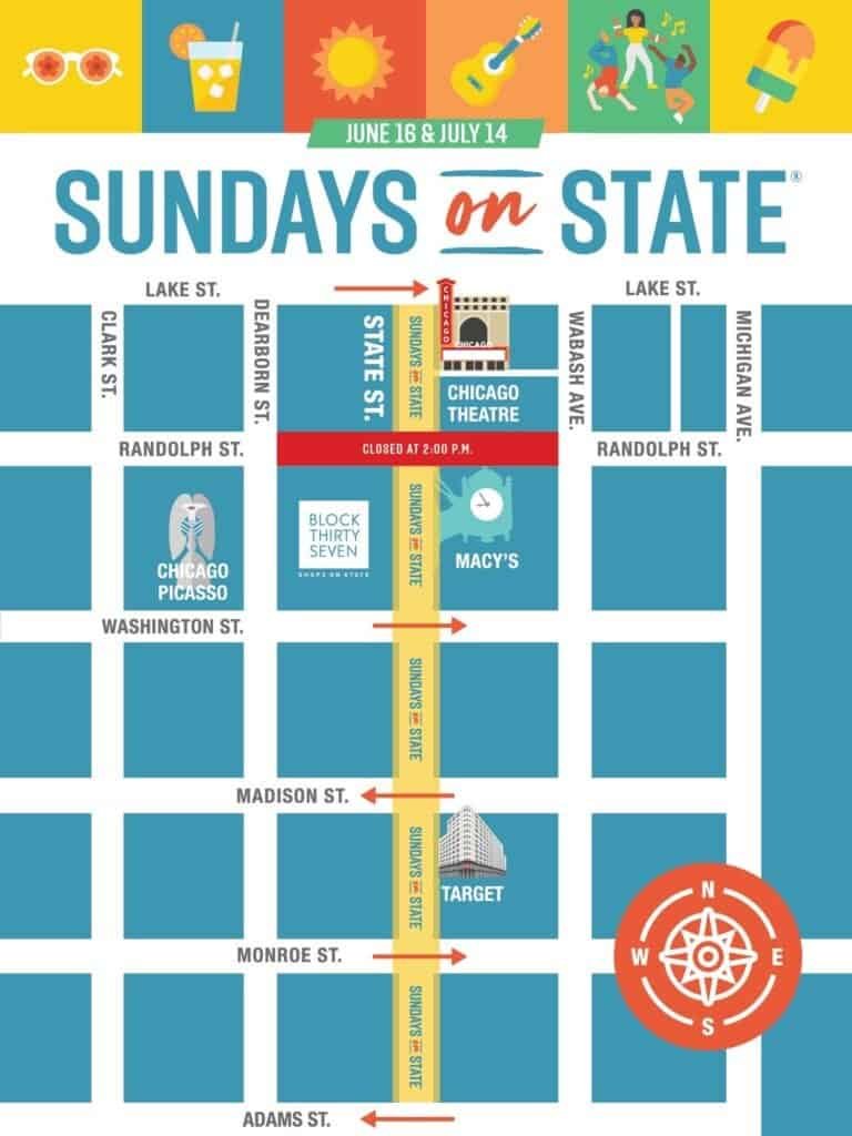 Map graphic showing Sundays on State street closures and event area in downtown Chicago