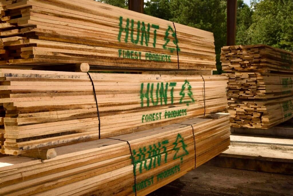 Stacks of cut lumber labeled “Hunt Forest Products” bundled and stored at a lumber yard.