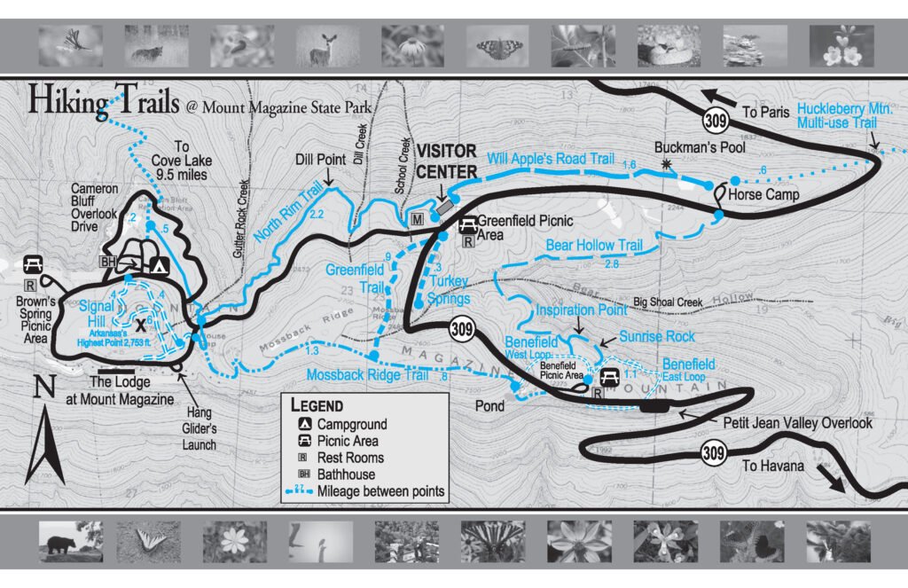Trail map of Mount Magazine State Park showing Signal Hill, North Rim Trail, and Benefield loops