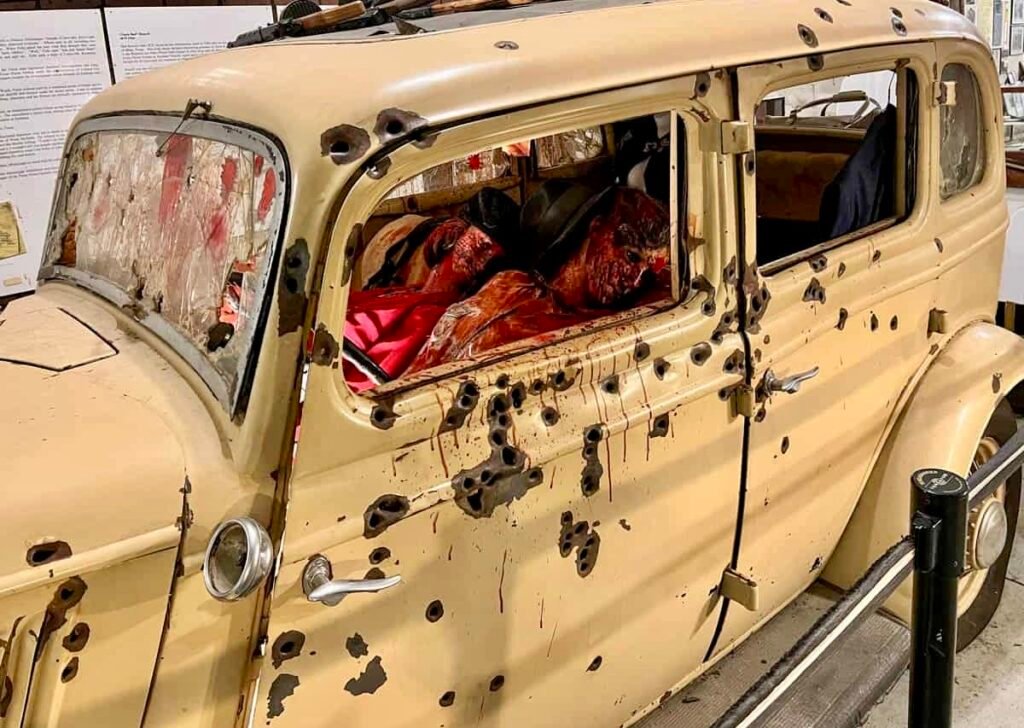 Replica of Bonnie and Clyde’s bullet-riddled Ford displayed inside the ambush museum in Gibsland, Louisiana.