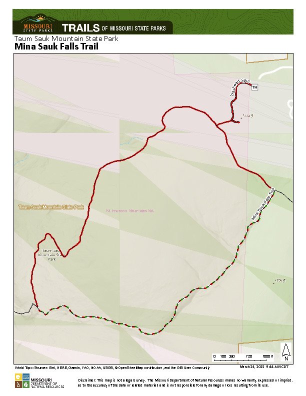 Trail map of Mina Sauk Falls Trail at Taum Sauk Mountain State Park with the high point located in the upper right corner.