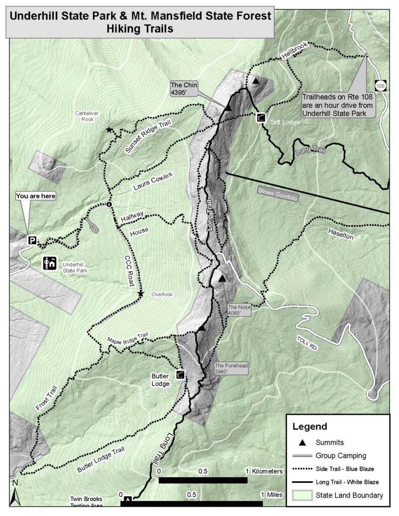 Trail map of Underhill State Park and Mount Mansfield State Forest showing Sunset Ridge and Long Trail routes.