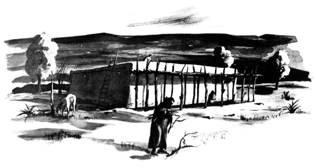 Black-and-white illustration of El Cuartelejo Pueblo with adobe structure, wooden supports, and figures working outside.
