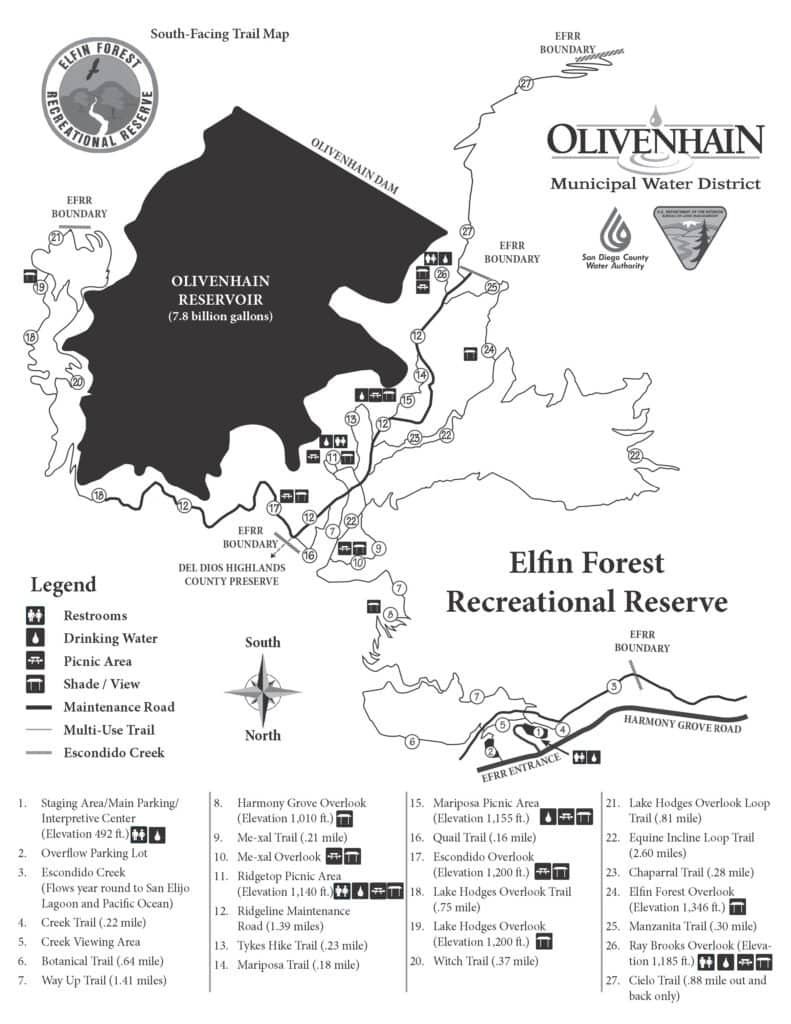 Trail map of Elfin Forest Recreational Reserve showing Olivenhain Reservoir and surrounding hiking trails