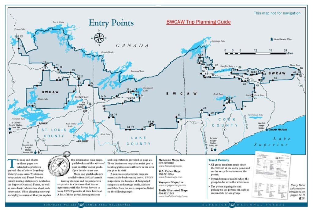 Map showing Boundary Waters Canoe Area Wilderness entry points across northeastern Minnesota, including routes near Eagle Mountain.