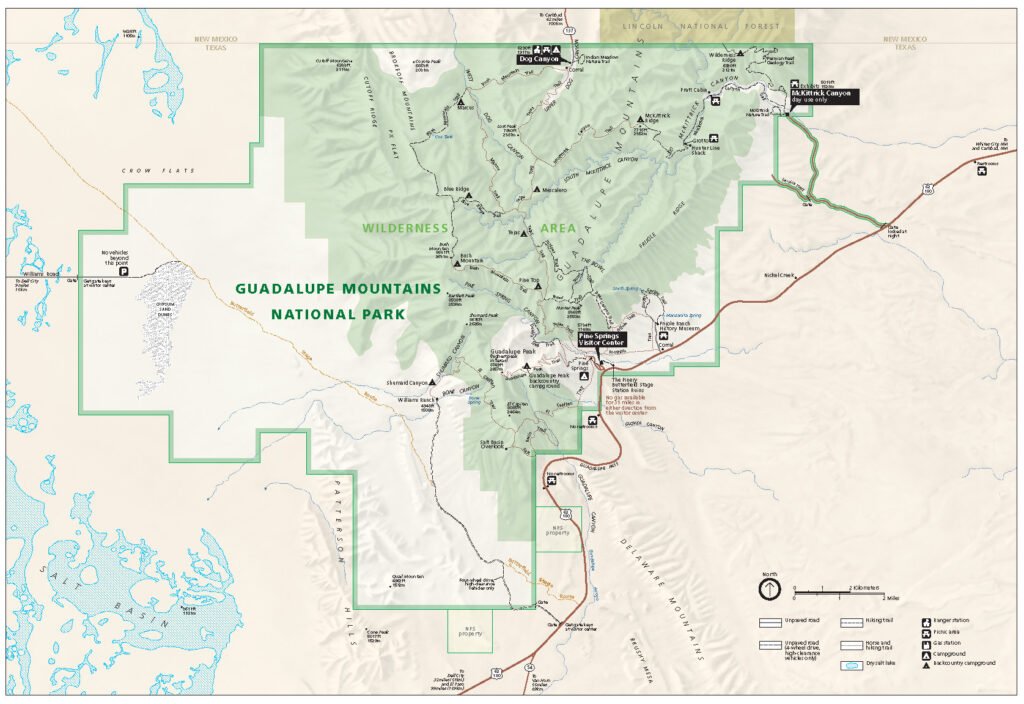 Guadalupe Mountains National Park trail map showing Pine Springs Visitor Center, McKittrick Canyon, and Guadalupe Peak.