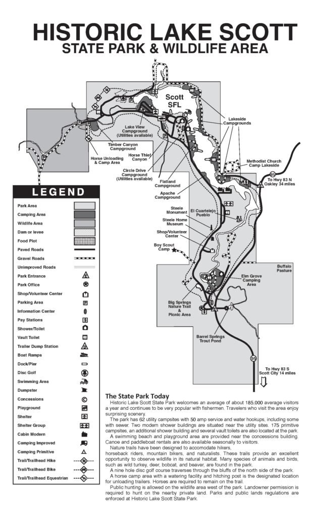 Park map of Historic Lake Scott State Park and Wildlife Area showing trails, campgrounds, and Lake Scott.