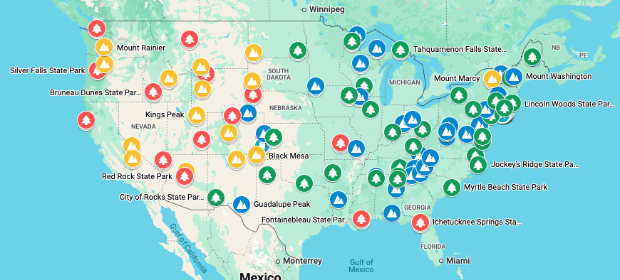 Map of U.S. state high points and best state parks, including Historic Lake Scott in Kansas.