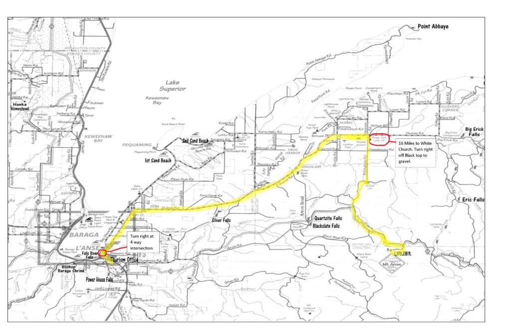 Map showing route from L’Anse, Michigan to Mount Arvon with highlighted logging road access in the Upper Peninsula.