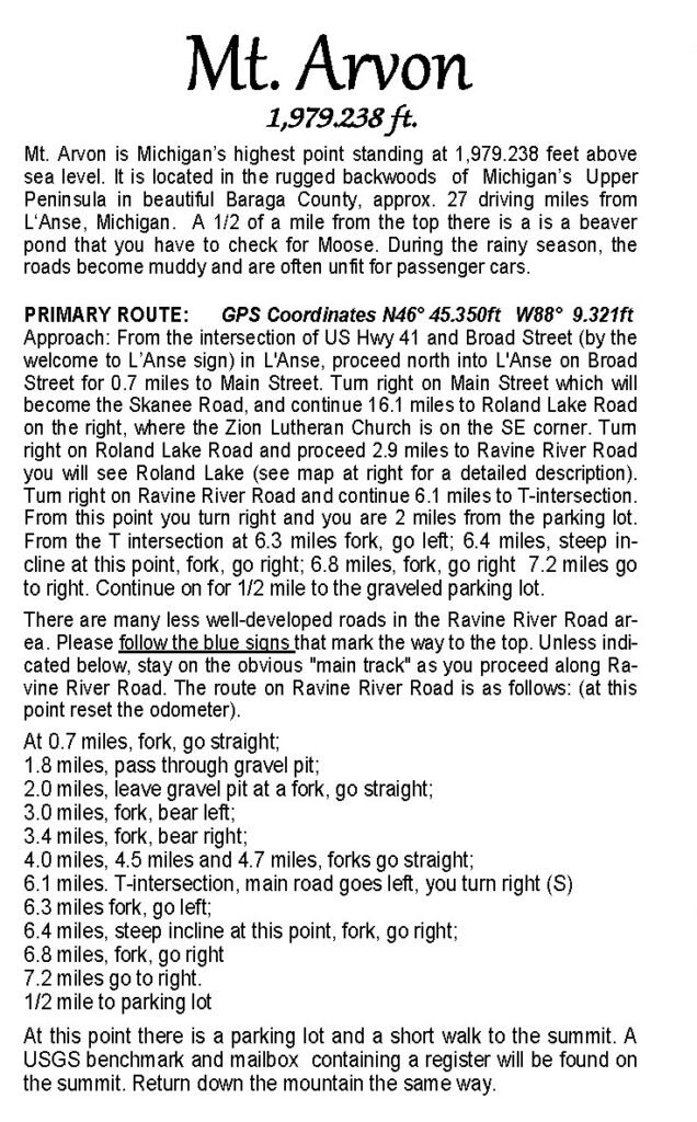 Printed step-by-step driving directions and GPS coordinates for Mount Arvon, Michigan’s highest point.