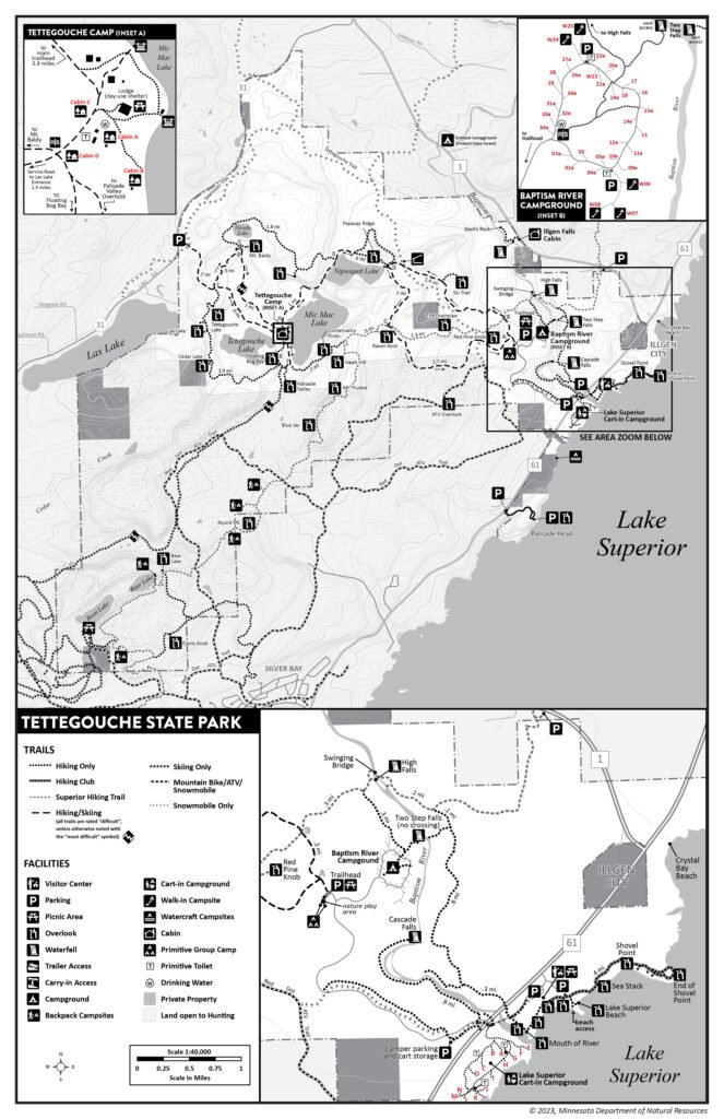 Trail map of Tettegouche State Park along Minnesota’s North Shore near Lake Superior.