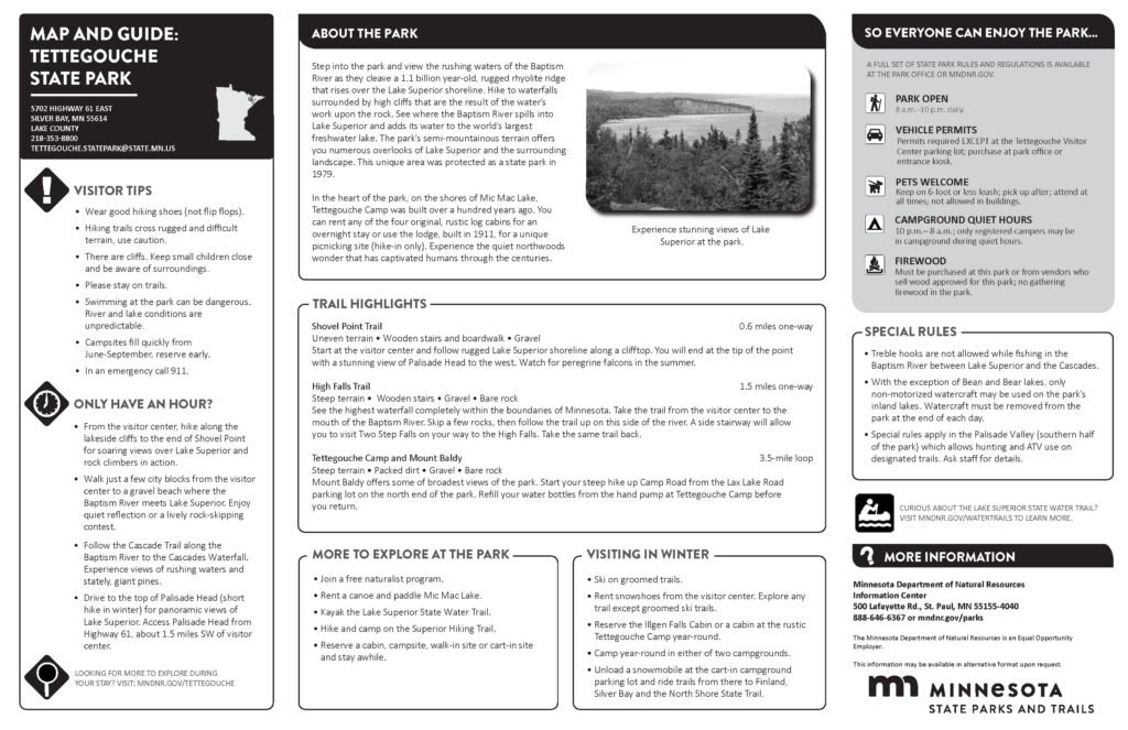 Tettegouche State Park visitor guide showing trail highlights, park rules, and information.