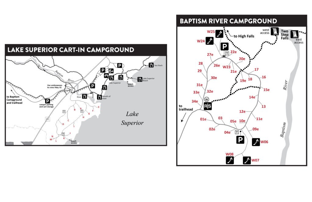 Campground maps for Baptism River and Lake Superior cart-in campground at Tettegouche State Park.