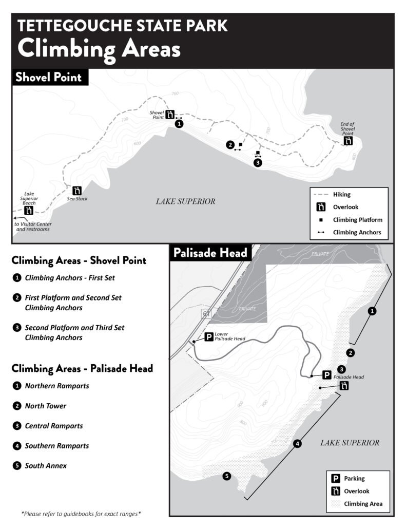Map of climbing areas at Tettegouche State Park including Shovel Point and Palisade Head.