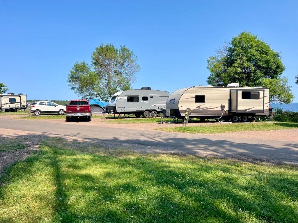 RVs and campers lined up at Burlington Bay Campground near Lake Superior.